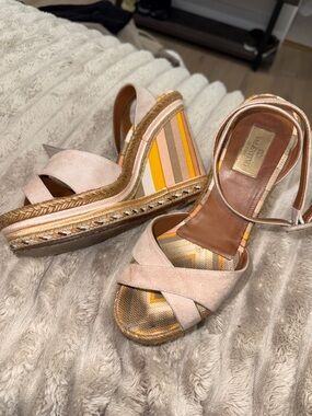 Valentino Blush Suede Espadrille Wedge Sandals with Yellow-Striped Insole
